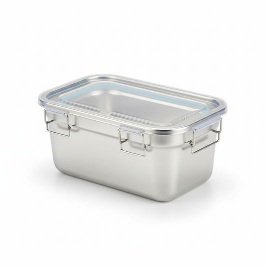 Rectangular brushed 304 stainless steel food storage container with lock lid on pure white background