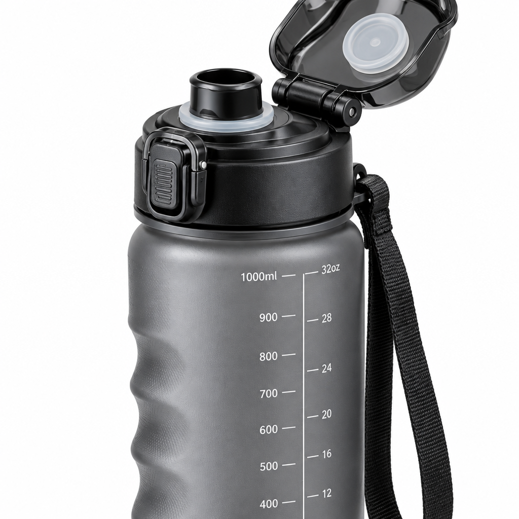 Close-up of the sports water bottle flip-top spout, safety lock latch, and contoured side finger grip