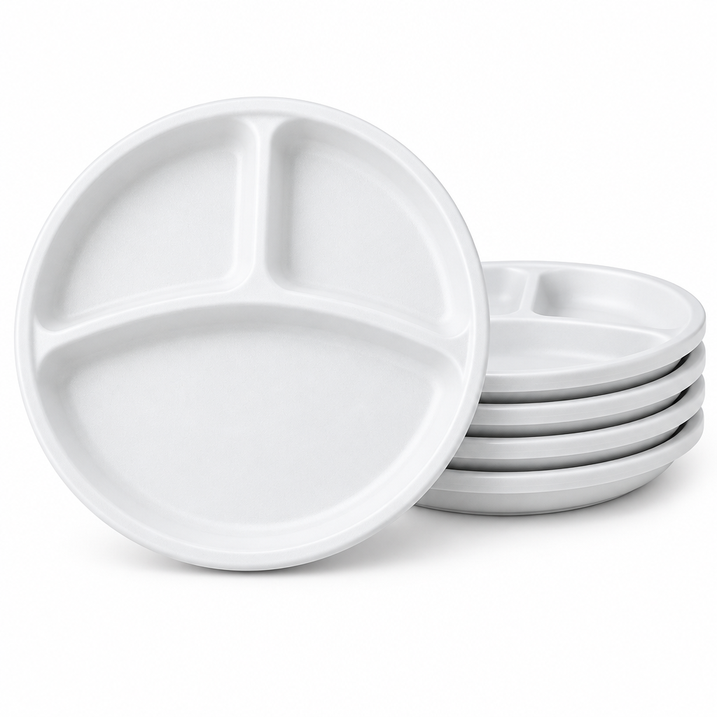 Empty round divided white melamine plate showing smooth compartment walls, alongside a neat vertical stack of four nested plates demonstrating compact stackable storage on a pure white background