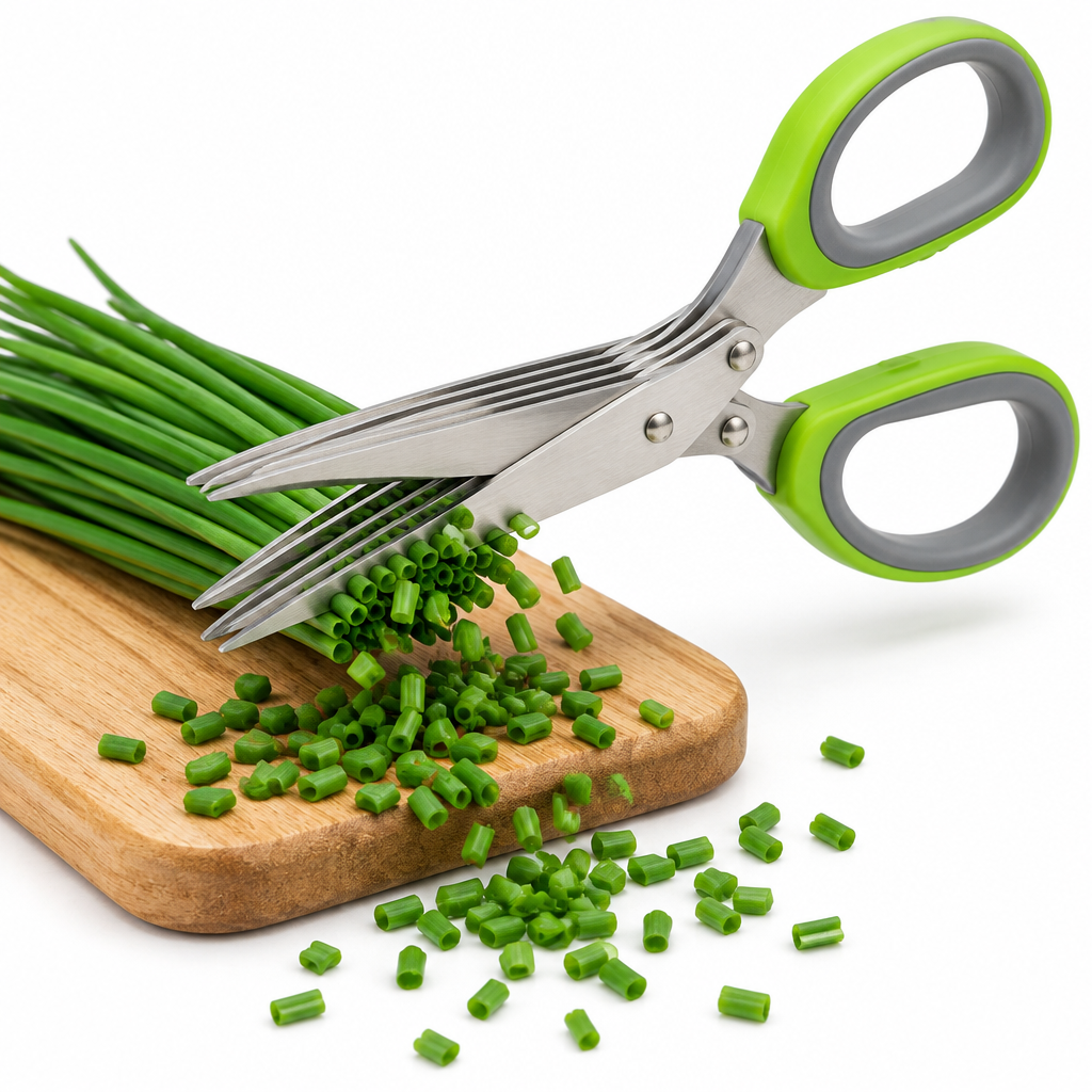 Stainless steel 5-blade herb scissors actively snipping fresh green chives over a wooden cutting board on a pure white background