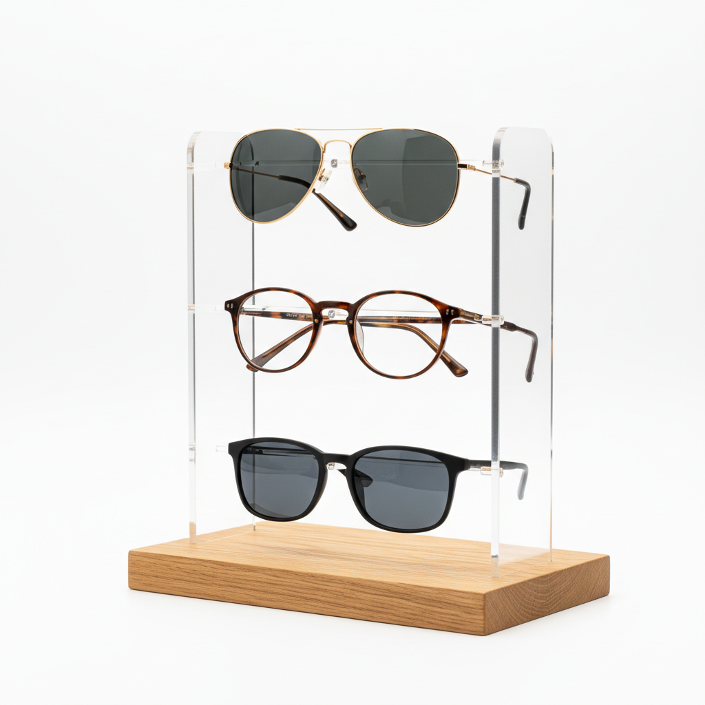 Modern countertop eyeglass display stand holding glasses on white background