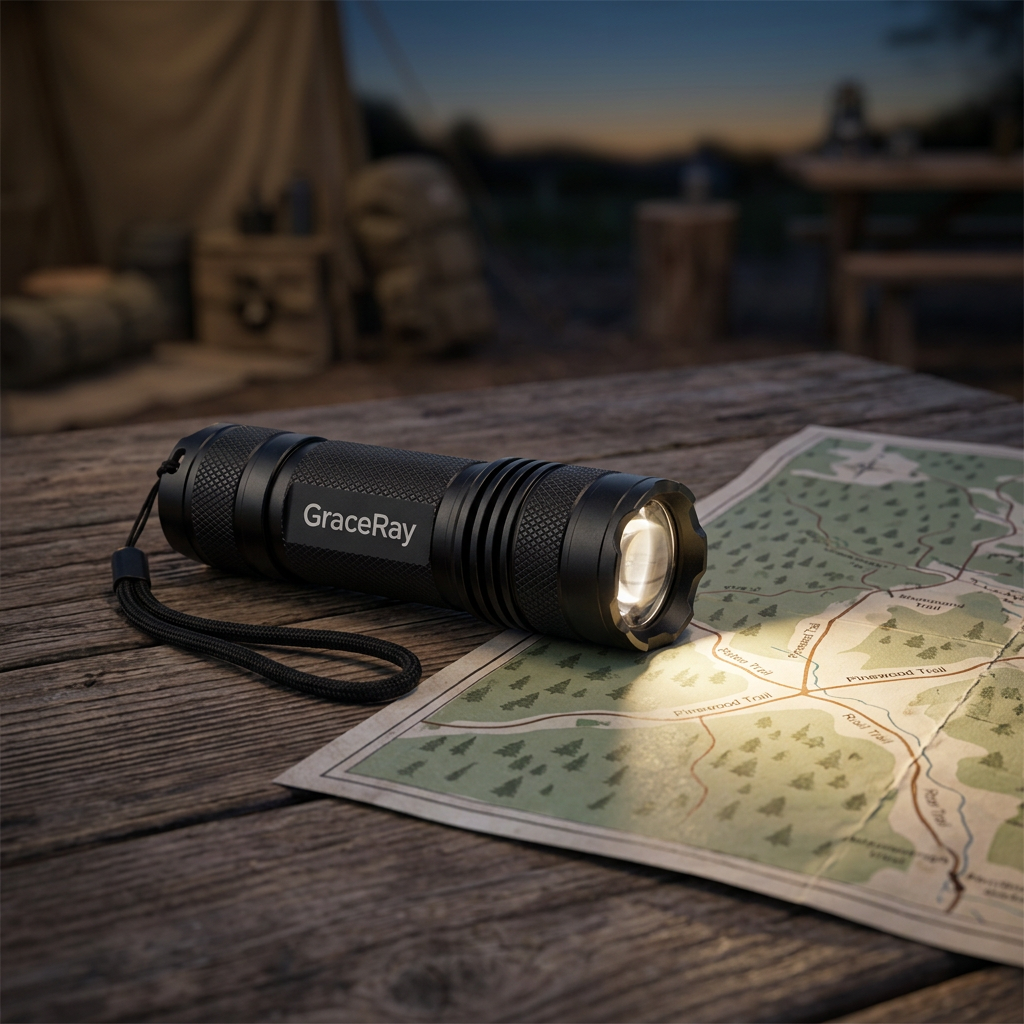 Custom mini flashlight casting gentle illumination across a camping map on an outdoor picnic table