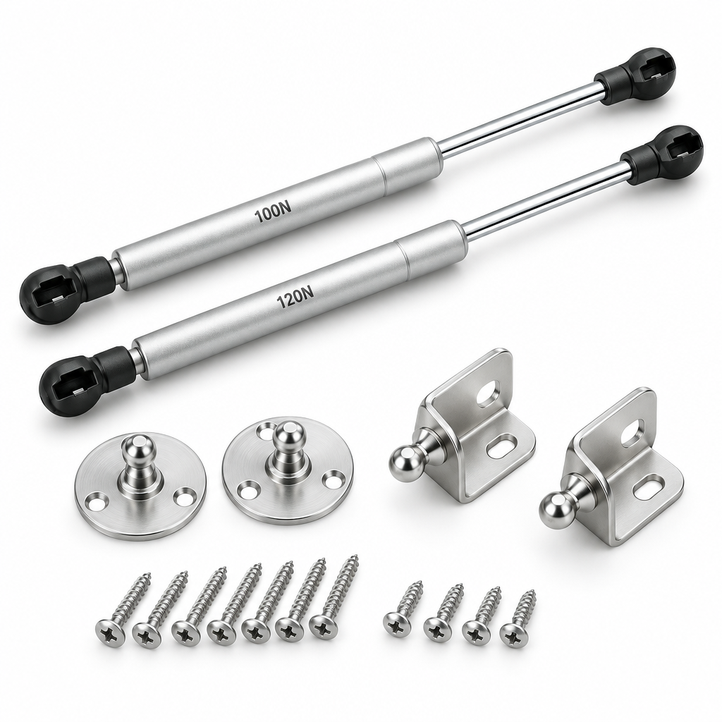 Hydraulic cabinet gas spring struts with mounting brackets, ball socket connectors, and screws on a pure white background