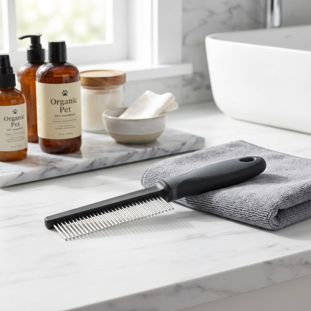 Stainless steel pet flea comb resting beside grey grooming towel on bathroom vanity