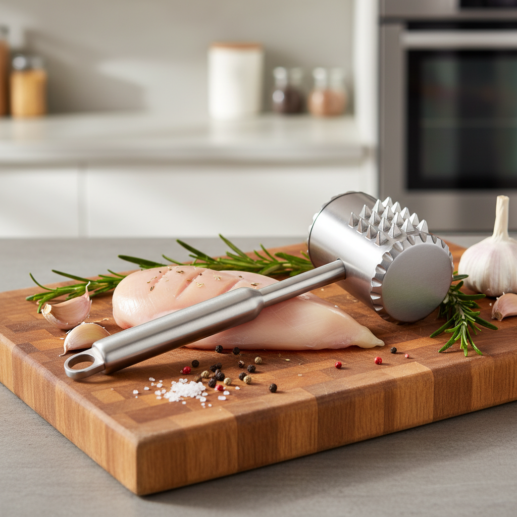 Stainless steel meat tenderizer on wooden cutting board with raw chicken breast, rosemary, and garlic