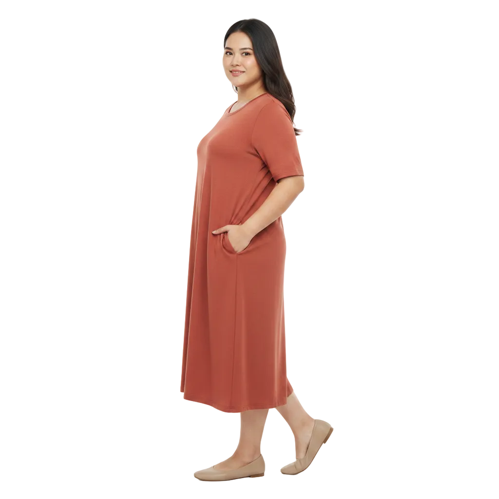 Side profile view of round neck casual midi dress with side pockets on white background