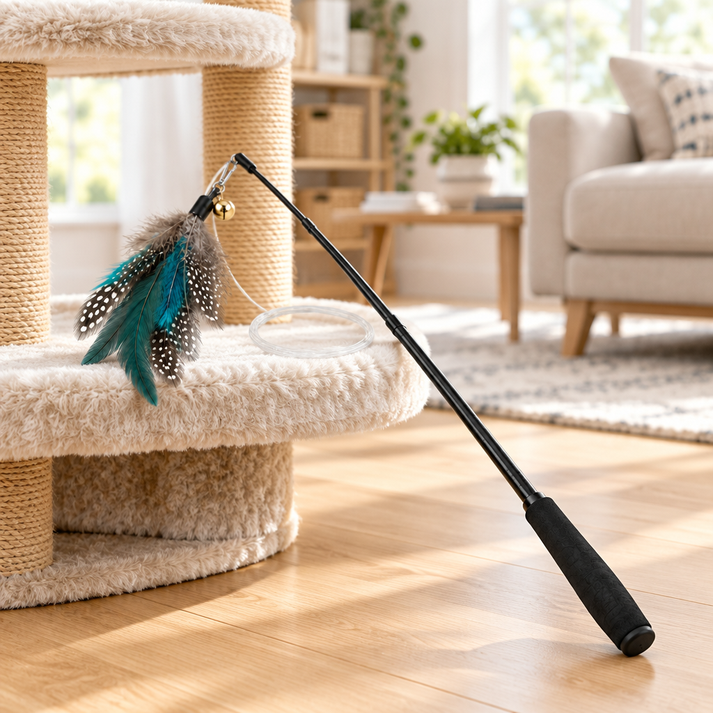 Cat wand teaser toy with feather attachment resting on sisal cat tree platform in bright living room