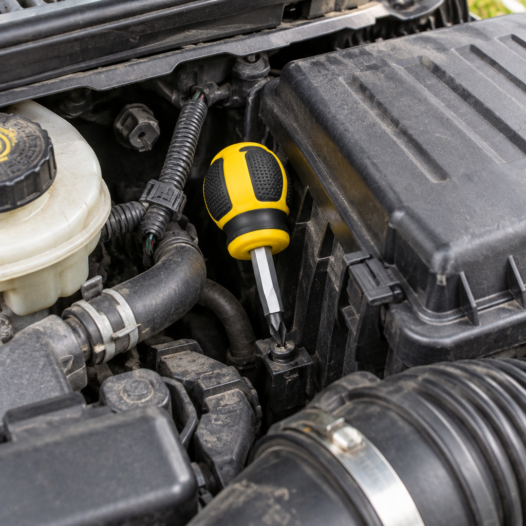 Compact stubby screwdriver used in tight-space automotive engine compartment maintenance in an everyday garage setting