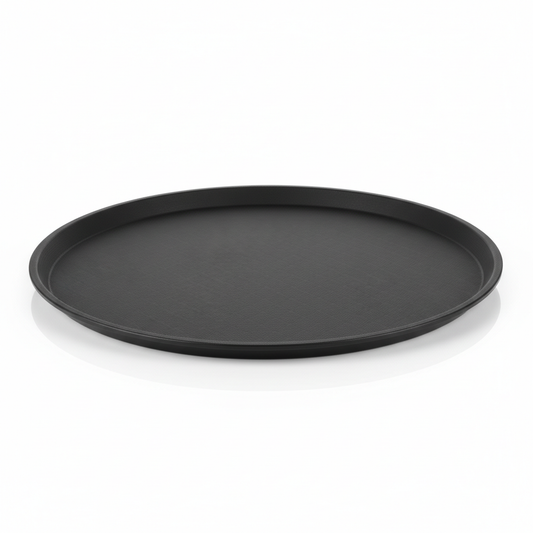 Large oval matte black ABS non-slip hotel serving tray approximately 46cm with subtle non-slip texture pattern and slightly raised rim edge placed flat on white background with soft shadow, commercial hospitality restaurant room service banquet tray