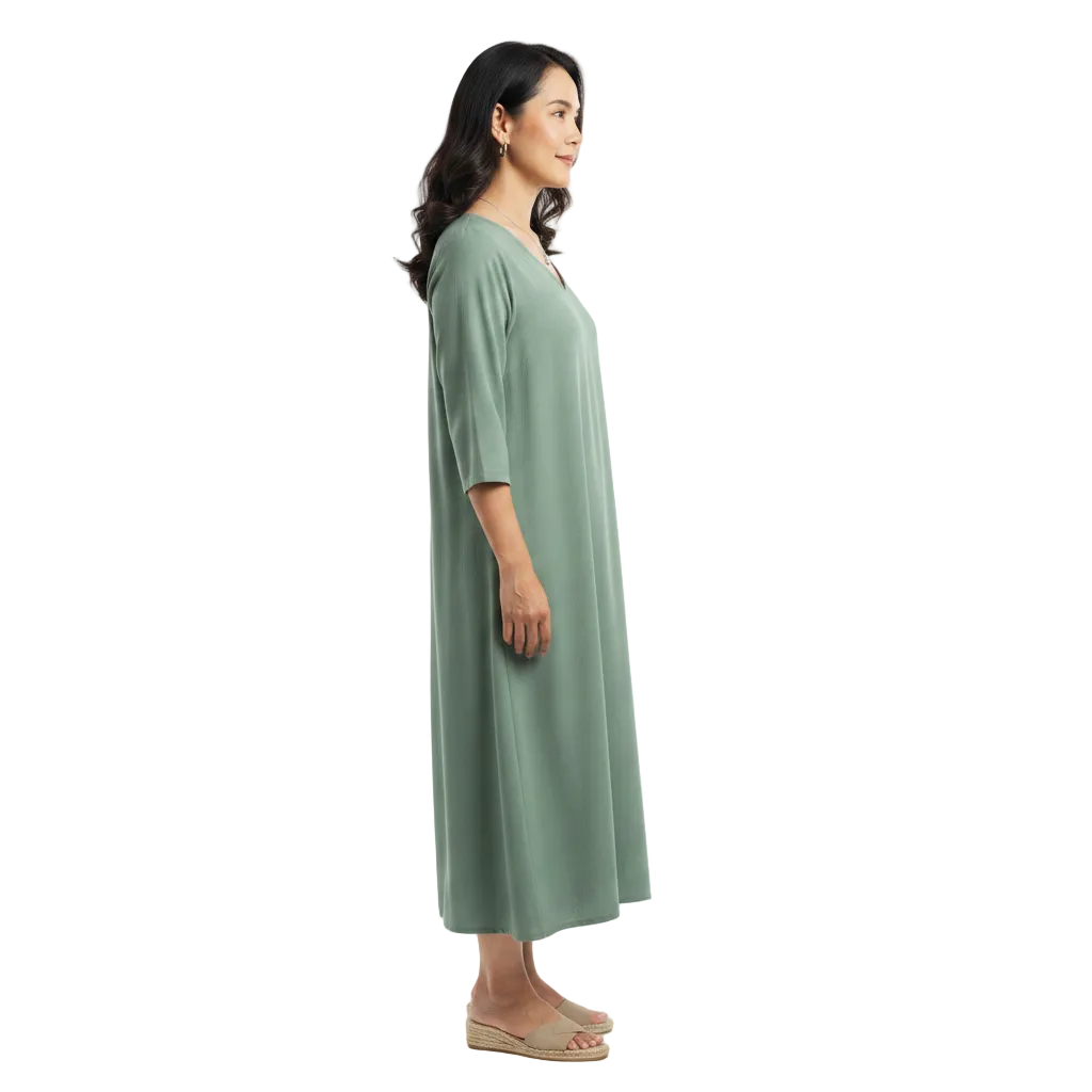 Side profile view of three-quarter sleeve v-neck casual dress on white background