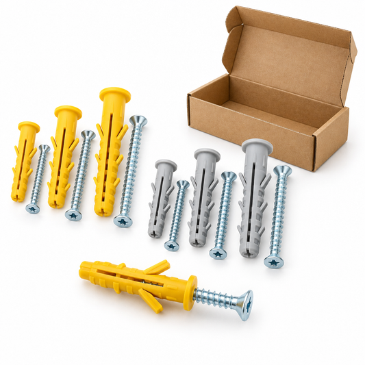 Assortment of yellow and grey ribbed nylon expansion wall plugs paired with matching zinc-plated screws in graduated sizes on a pure white background