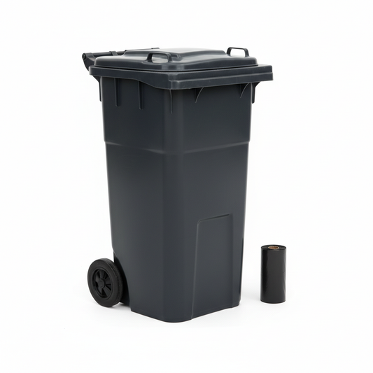 Dark gray 120-liter hotel waste collection bin with hinged lid, reinforced body and two large rear wheels on white background