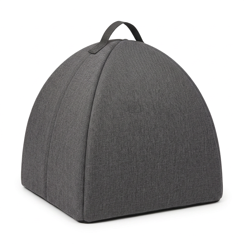 Rear three-quarter view of covered cat cave bed showing arched fabric panels and top webbing handle on pure white background