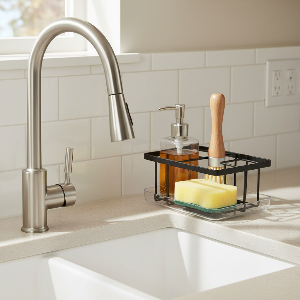 Kitchen sink caddy organizer beside sink faucet holding dishwashing accessories