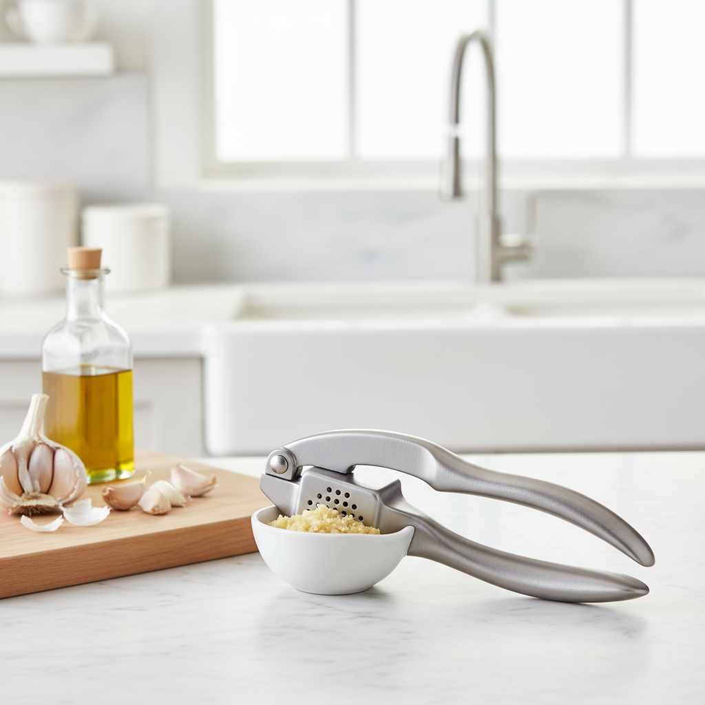 Stainless steel garlic press resting over a white ceramic pinch bowl with crushed garlic paste