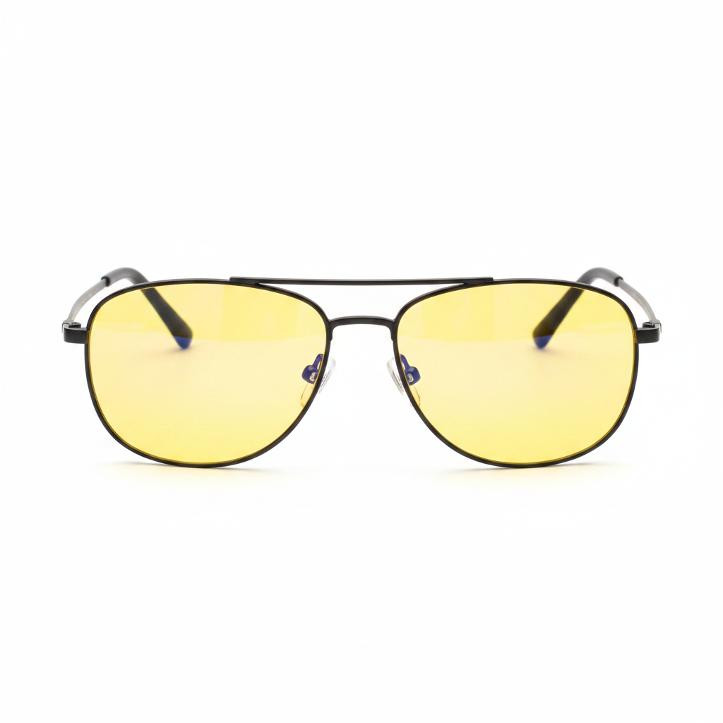 Night driving glasses with yellow-tinted polarized lenses in matte black frame on white background