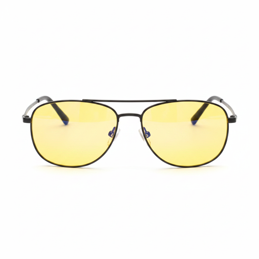 Night driving glasses with yellow-tinted polarized lenses in matte black frame on white background