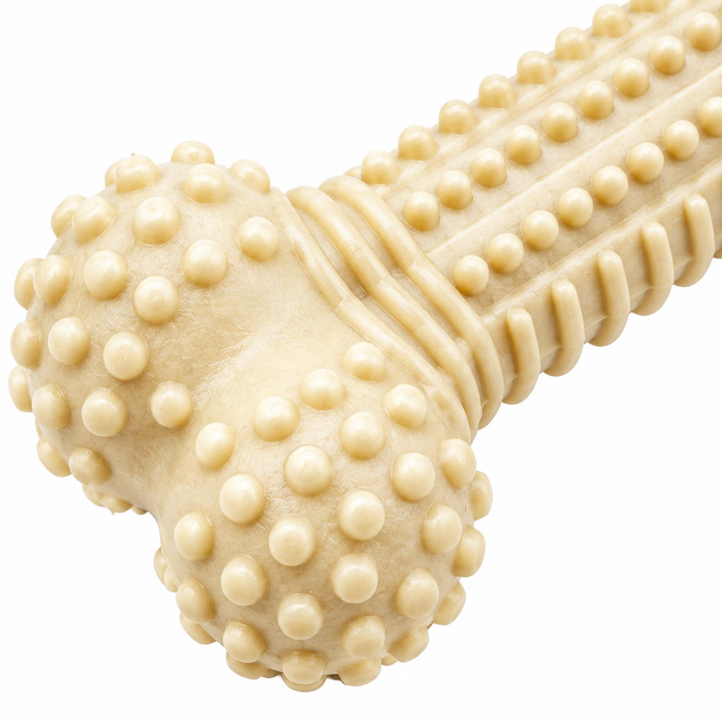 Macro close-up detail of raised dental cleaning nubs and ribbed massage grooves on dog chew bone