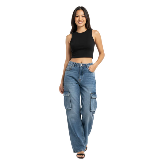 Women's Denim Cargo Jeans - Streetwear Main View