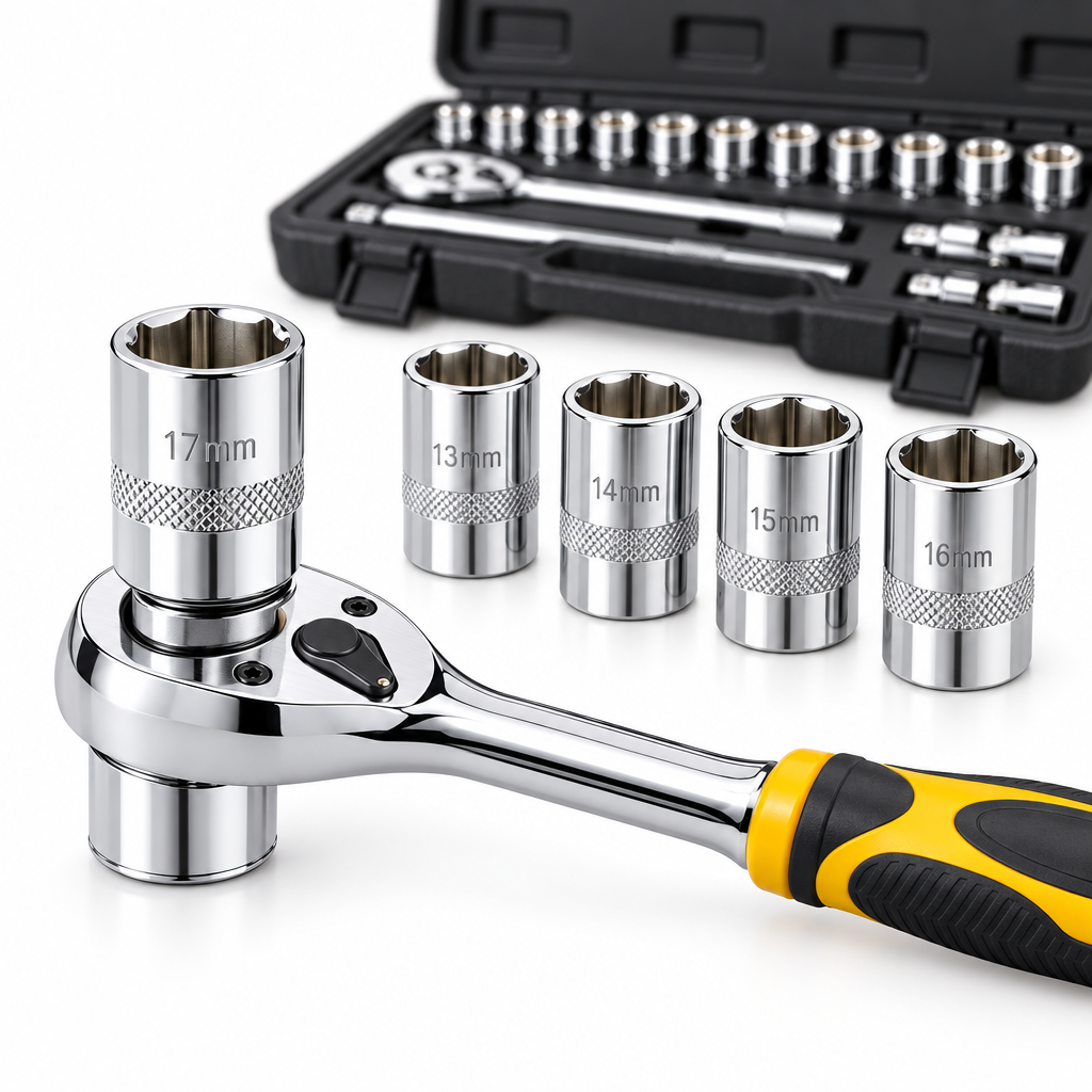 Close-up macro view of the 72-tooth quick-release ratchet head with attached 6-point chrome socket and metric size markings on a pure white background