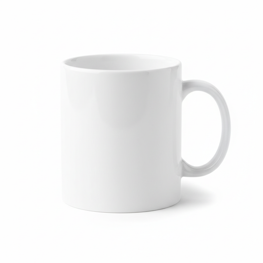 Classic white ceramic coffee mug with comfortable C-handle on pure white background
