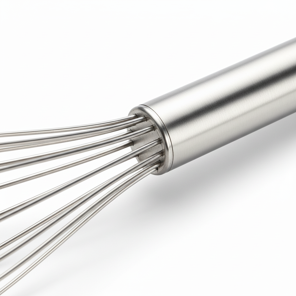 Macro detail of stainless steel wire loops, sealed hygienic collar, and brushed tubular handle