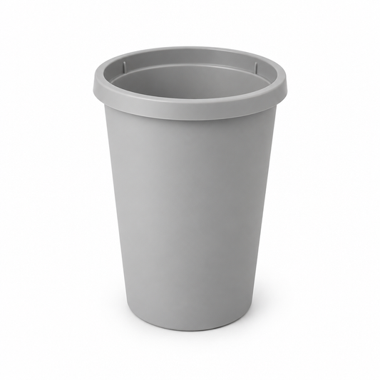 Minimalist warm light grey plastic household trash bin with bag pressure ring on pure white background