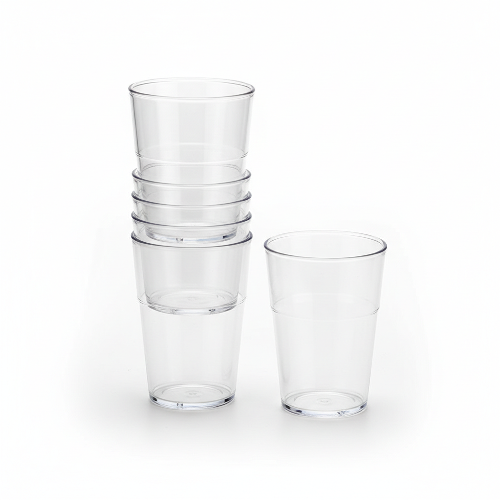 Stackable clear plastic drinking cups with anti-jam stacking rim on pure white background