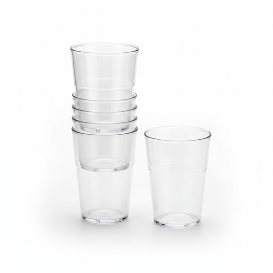 Stackable clear plastic drinking cups with anti-jam stacking rim on pure white background