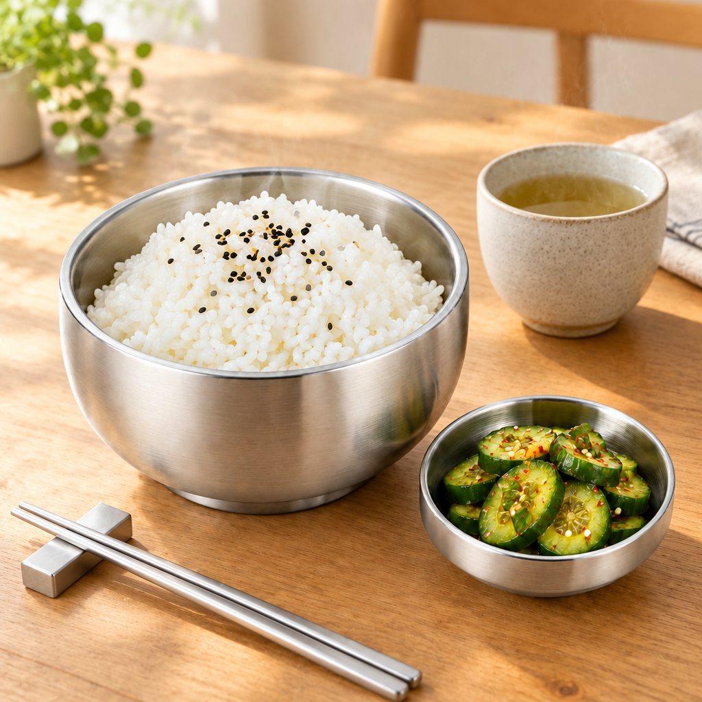 Stainless steel rice bowl with steamed rice and cucumber salad on a wooden dining table with metal chopsticks and hot tea