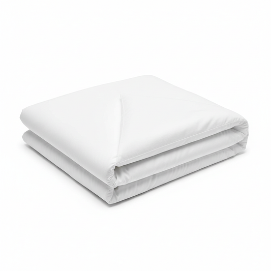White hotel duvet cover neatly folded with envelope closure flap open showing closure detail on white background, commercial hospitality bedding linen