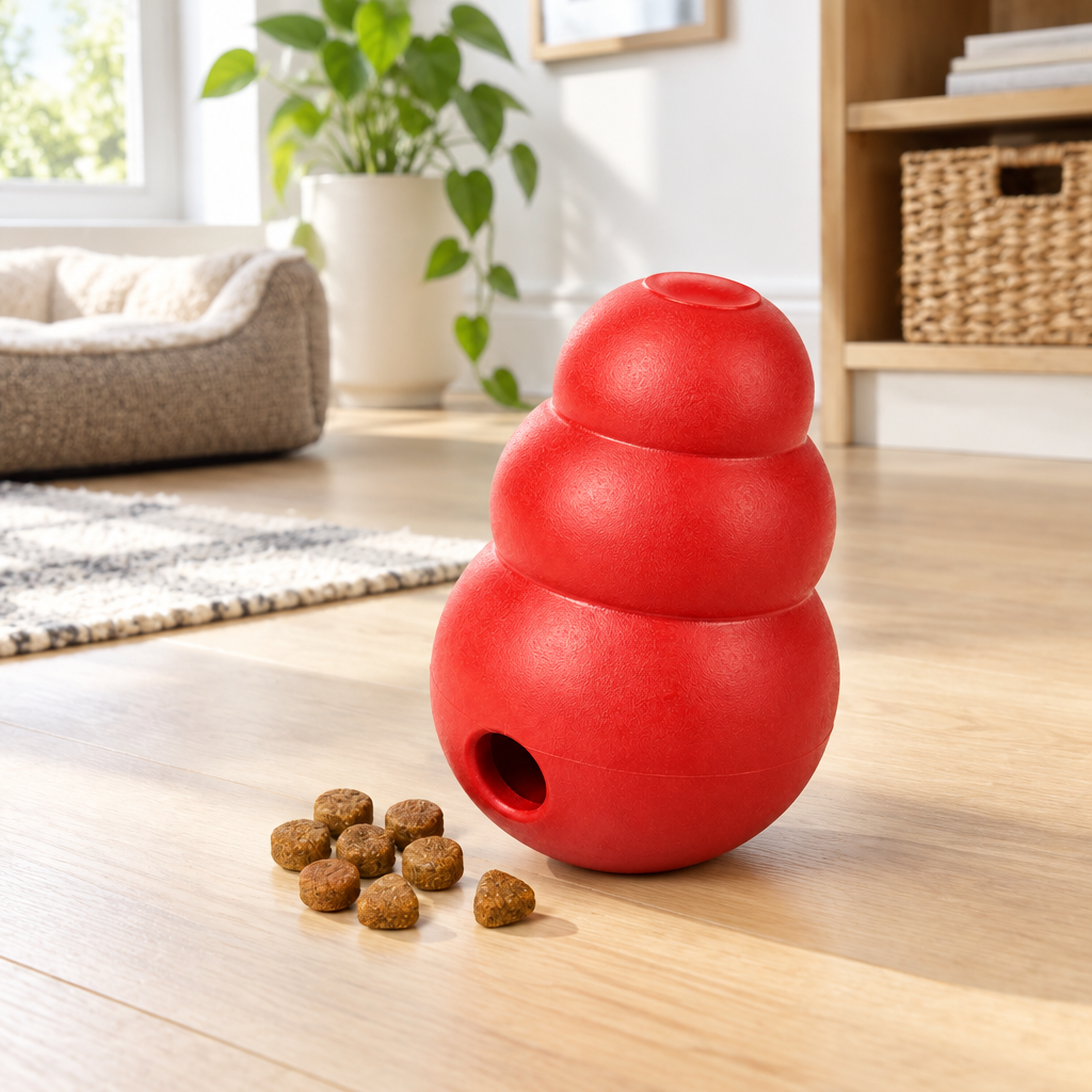 Red treat-dispensing dog toy with scattered kibble on wood floor in bright living room pet corner