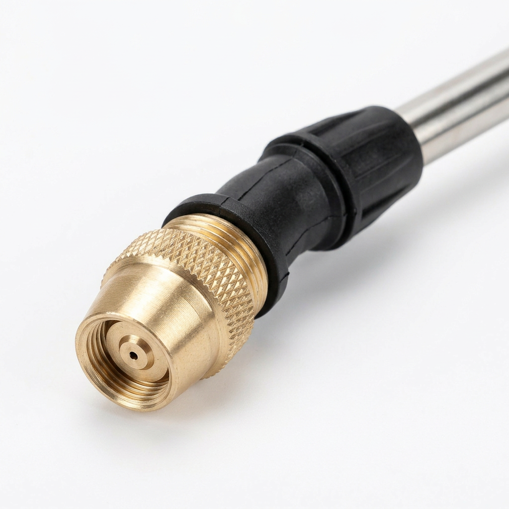 Macro close-up detail of garden pressure sprayer adjustable knurled brass nozzle, mist orifice, and stainless steel wand tube