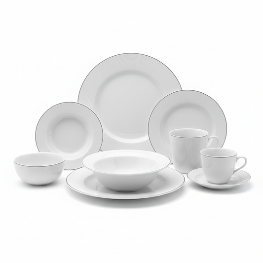 Complete coordinated set of bright white porcelain hotel restaurant tableware on white background including large round dinner plate smaller side plate deep soup bowl teacup with saucer soup mug and small dessert bowl all in matching white porcelain with clean simple rim line, commercial hospitality restaurant buffet banquet dinnerware set