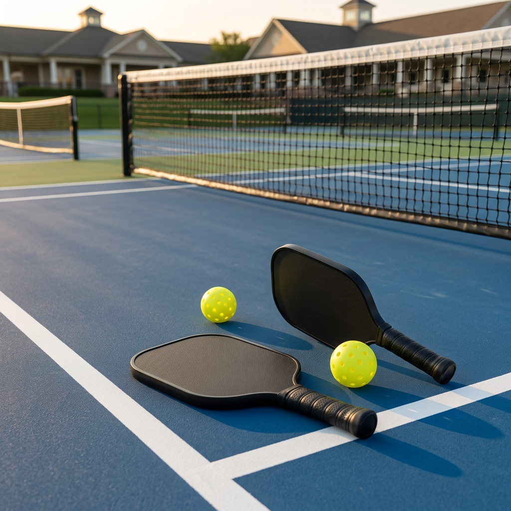 Pickleball paddle and perforated balls on an outdoor blue and green pickleball court