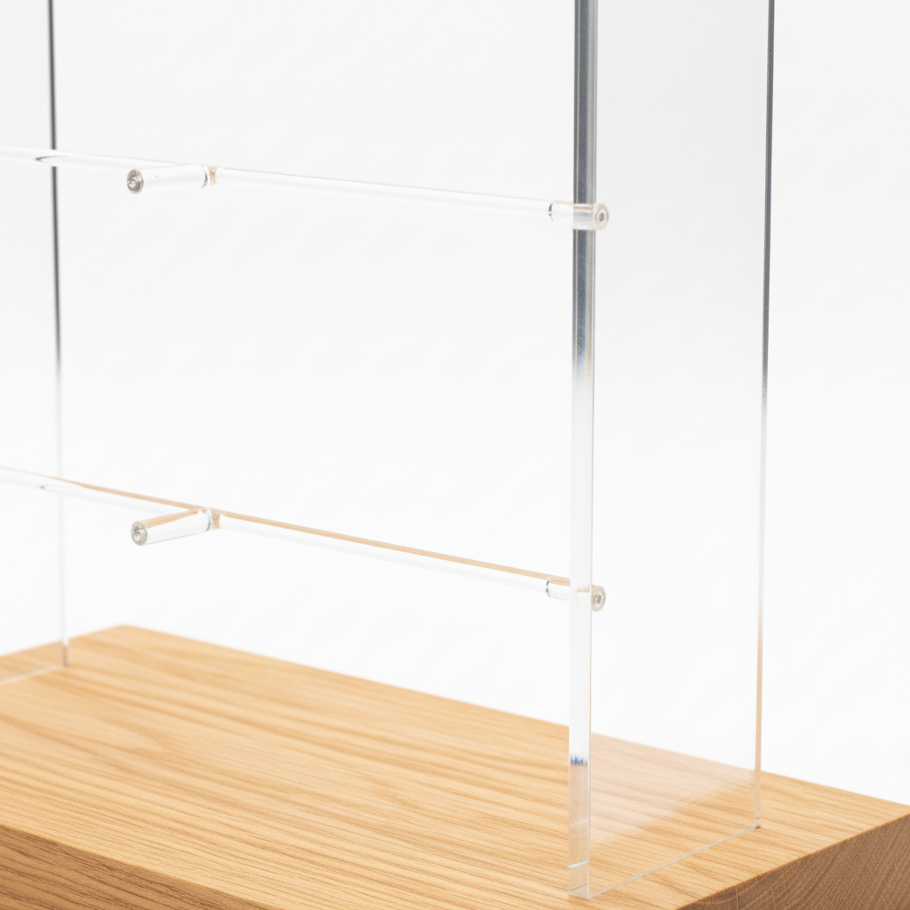 Macro detail of laser-polished clear acrylic nose bridge brackets and oak base