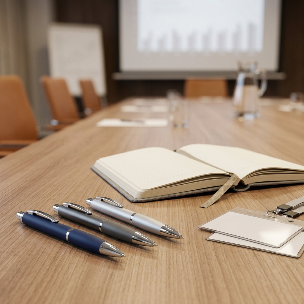 Promotional ballpoint pens resting on a boardroom conference table beside a business planner for event giveaway display