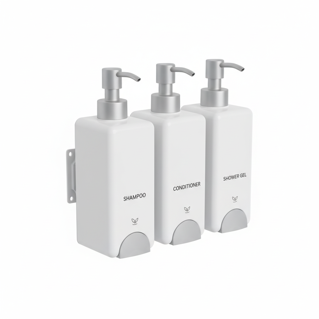 Three matching white wall-mounted refillable hotel dispensers for shampoo conditioner and shower gel on white background, coordinated hospitality amenity set