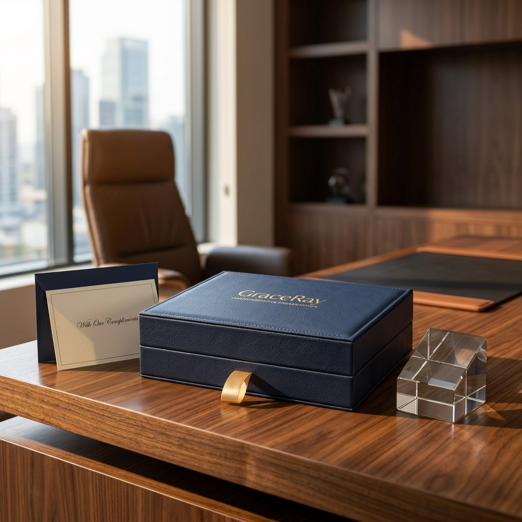 Custom personalized leatherette gift box displayed on a walnut credenza in an executive office setting