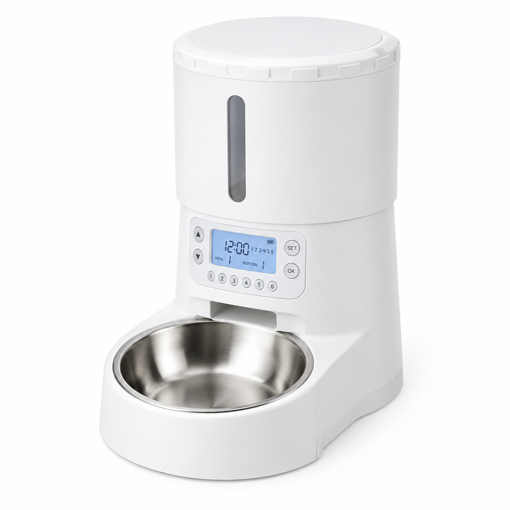 Automatic timed pet feeder with LCD display screen and stainless steel bowl on pure white background