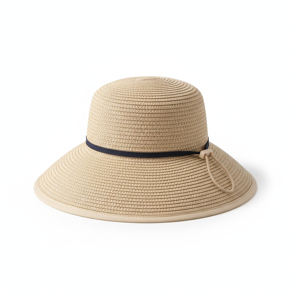 Beige woven wide brim sun hat with a rounded crown, dark navy band and adjustable beige drawcord on a pure white background.