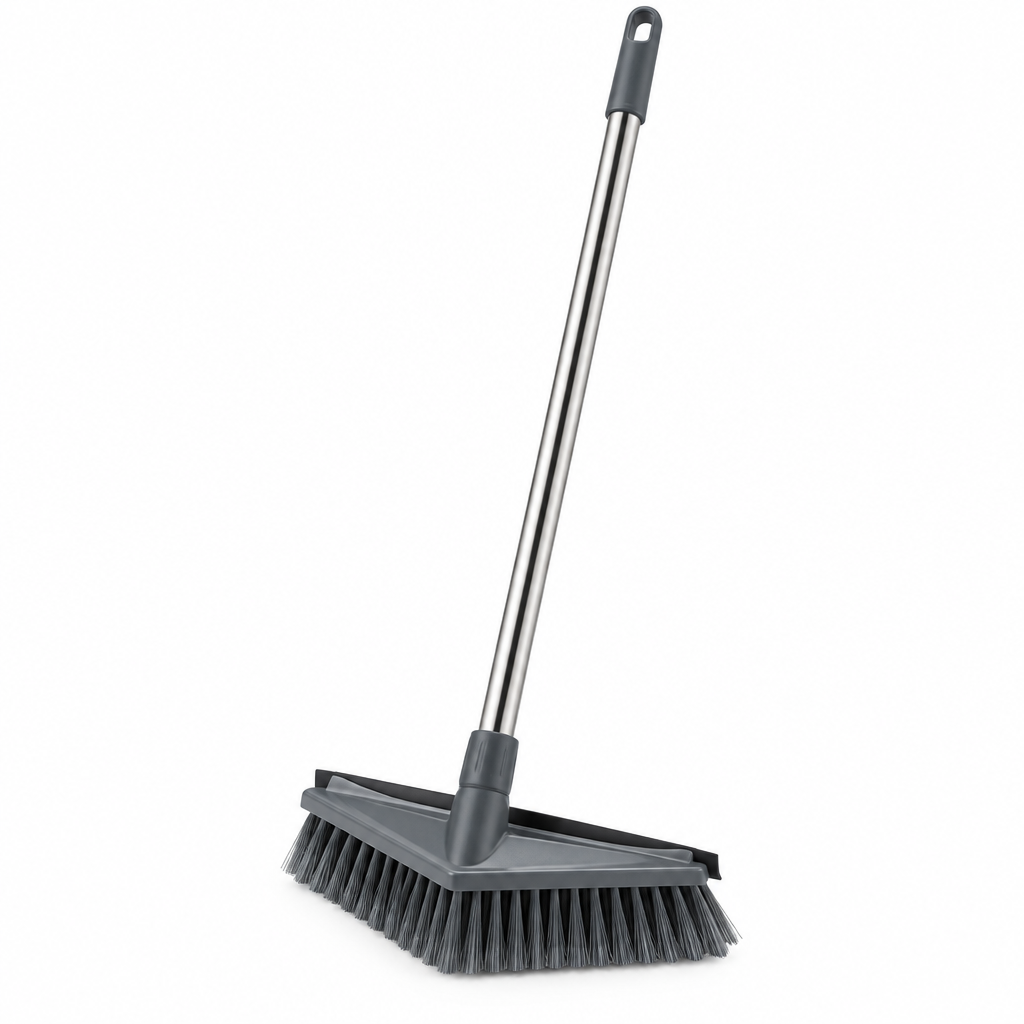 Floor scrub brush, long-handled V-shaped stiff bristle floor brush with squeegee on white background