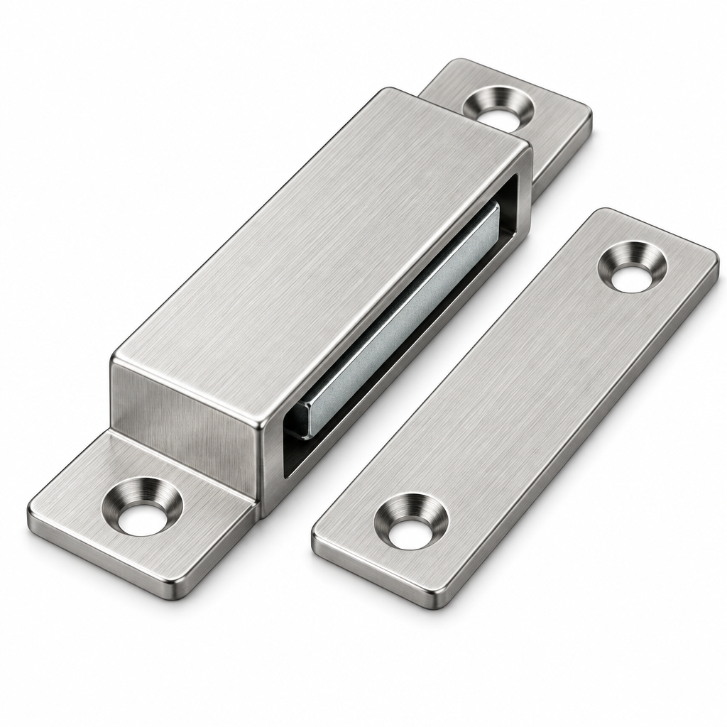Macro close-up of slim magnetic door catch showing strong neodymium magnet core, brushed stainless steel casing, and flat strike plate