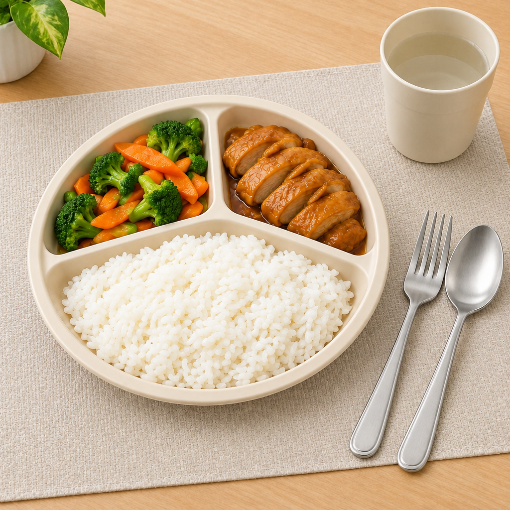 Light-beige plastic divided plate with home-cooked meal on an everyday casual dining table with placemat and drinking cup