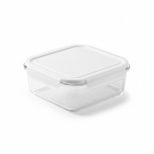 Rectangular clear borosilicate glass food storage container with white snap lid on pure white background
