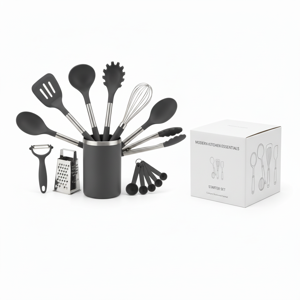 Multi-function kitchen utensil starter set standing beside clean retail packaging gift box