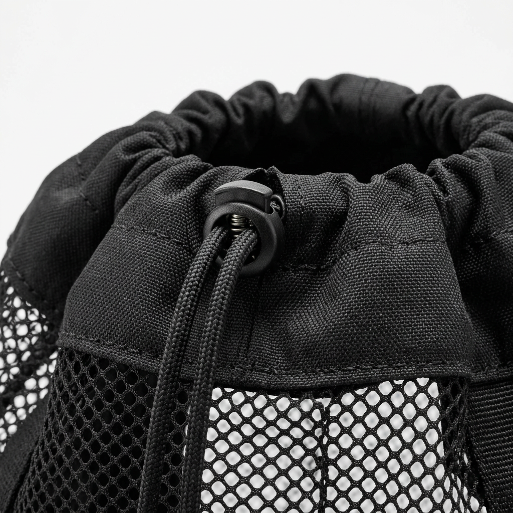 Detail close-up of sports equipment carry bag top drawstring closure, lock toggle, and mesh weave on white background