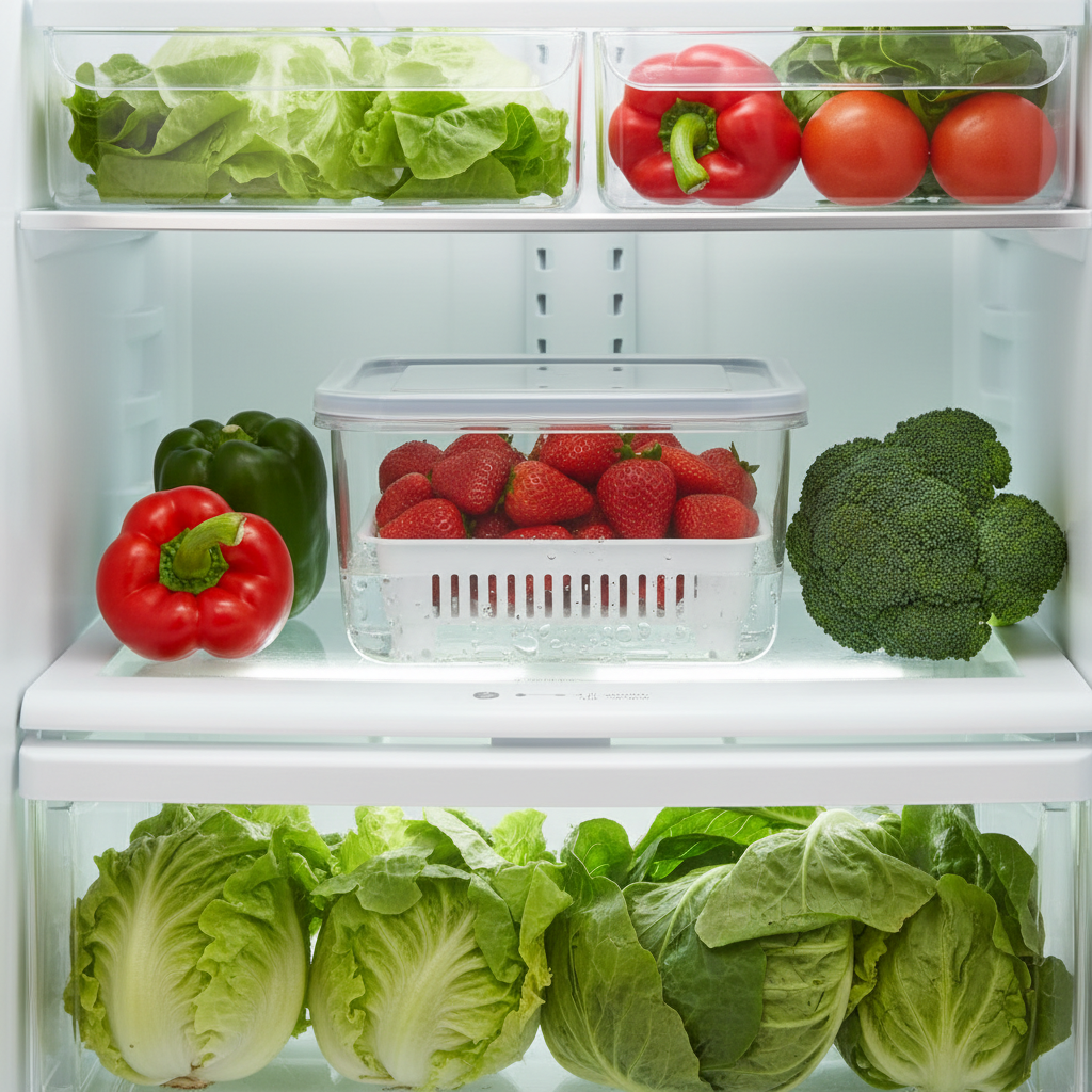 Refrigerator produce storage box filled with fresh strawberries on clean illuminated refrigerator shelf