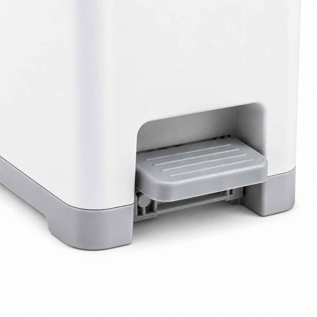 Macro close-up of textured anti-slip foot pedal and base mechanism of pedal trash bin