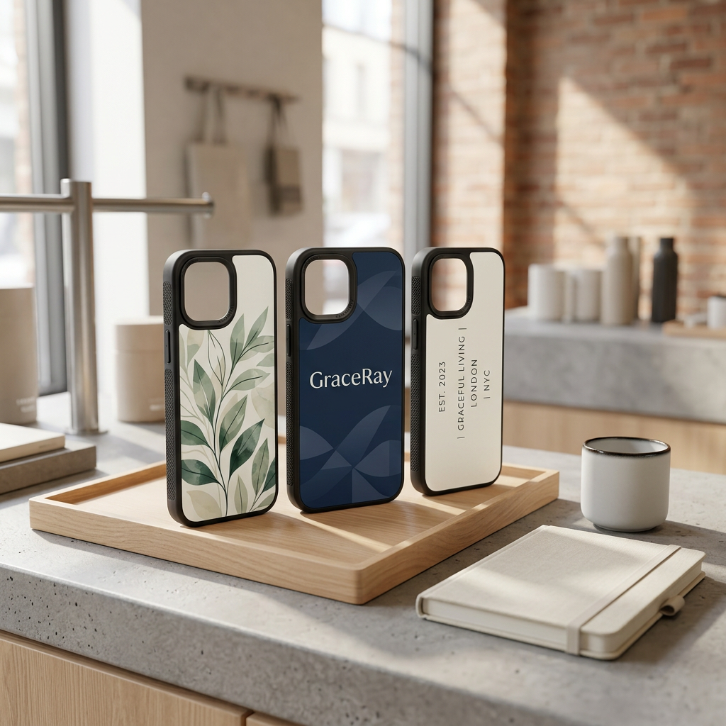 Custom printed phone cases displayed on a wooden tray in a modern lifestyle boutique